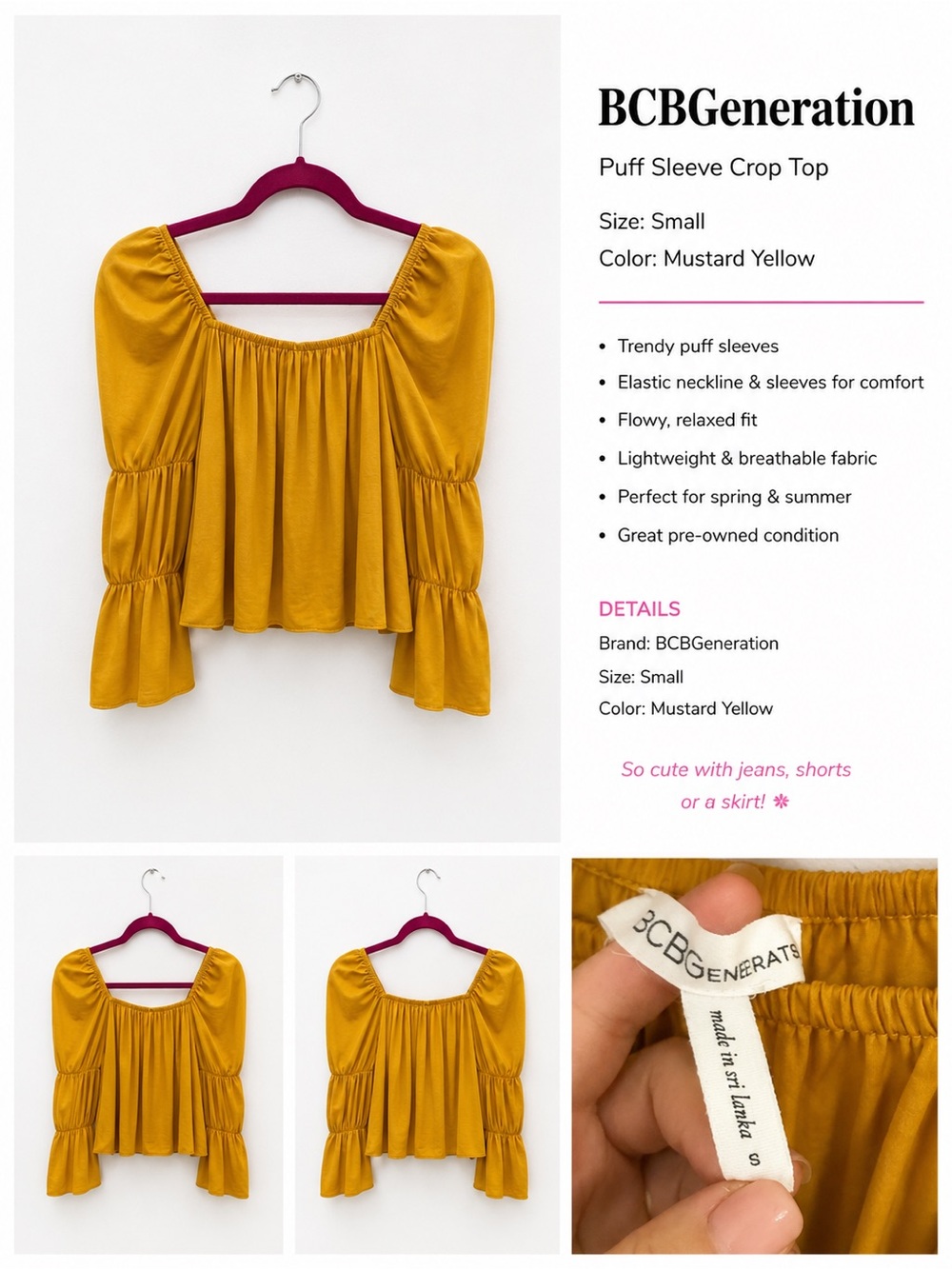 BCBGeneration Mustard Yellow Puff Sleeve Crop Top
